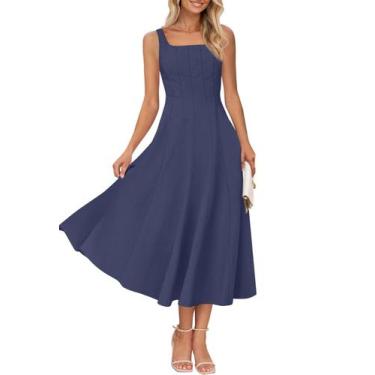 Imagem de Vestido feminino MEROKEETY 2025, sem mangas, midi, azul marinho