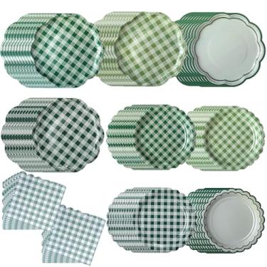 Imagem de Skybooly 144 peças para 48 convidados, conjuntos de pratos e guardanapos verdes guingão verde sálvia pratos de papel recortado guardanapos xadrez xadrez talheres descartáveis para aniversário, bebê