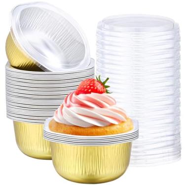Imagem de Beasea Copos de panificação com tampas, pacote com 50, 445 ml, 445 ml, redondos descartáveis, pequenos ramequins de alumínio, forno, brownie, cupcake, recipientes para festas, negócios, porção