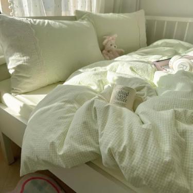 Imagem de mixinni Capa de edredom verde guingão king size - Conjunto de cama xadrez de 3 peças com acabamento em renda, microfibra lavada macia vintage capa de edredom e fronhas de travesseiro (verde branco