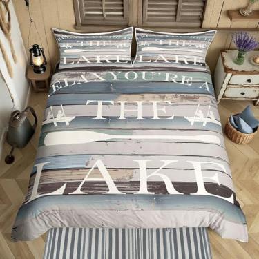 Imagem de Capa de edredom Lake House, conjunto de cama casal, fazenda rústica, celeiro antigo, 3 peças para decoração de quarto de casa, para crianças, adolescentes e adultos, capa de edredom de raquete branca