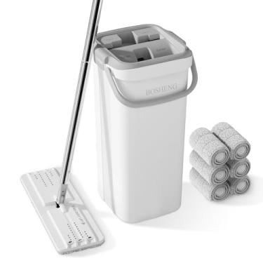 Imagem de BOSHENG esfregão e balde com conjunto de espremedor, esfregão de piso plano e balde para casa, inclui 6 almofadas de microfibra reutilizáveis, ideais para limpeza de casa, chão e parede