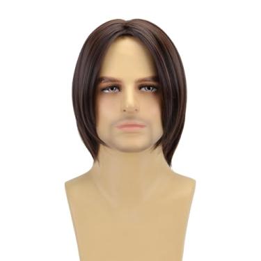 Imagem de Peruca curta lisa marrom escura, estilo lateral em camadas, cabelo sintético