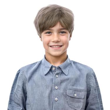 Imagem de Edivd Peruca masculina loira acinzentada curta marrom claro peruca reta para crianças perucas sintéticas resistentes ao calor com boné