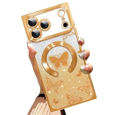 Imagem de AIGOMARA Capa de telefone para iPhone 17 Pro de 6,3 polegadas [compatível com MagSafe] Capa de telefone de TPU macia com design de borboleta dourada à prova de choque resistente a arranhões para