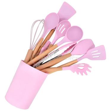 Imagem de Kit 12 Utensílios Jogo De Cozinha De Silicone Com Espatulas Pincel Batedor Manual - Rosa