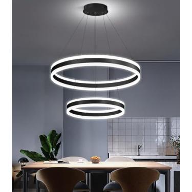 Imagem de dolria D15,7 pol. + 23,6 '' Lustre de anel moderno para sala de jantar LED regulável lustre de iluminação pendente para sala de estar, hall de entrada, quarto, entrada 3000K-6000K, preto