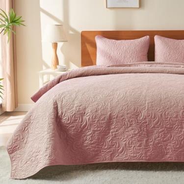 Imagem de JYHOPE Conjunto de edredom rosa queen/casal, leve para o verão, macio e respirável para todas as estações, resistente a manchas, estilo boêmio, 1 colcha e 2 fronhas