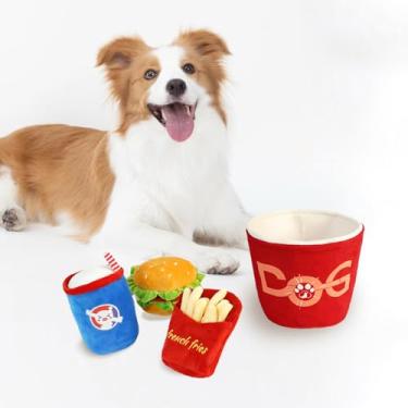 Imagem de 6 peças de brinquedos para cães com design de fast food conjunto de brinquedos de pelúcia para animais de estimação: balde de petisco, frango, hamburgo, batatas fritas, hambúrgueres, cola