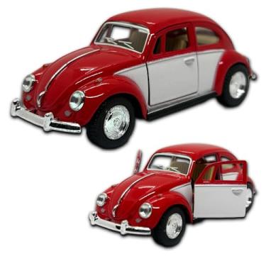 Imagem de Miniatura fusca 1967 carrinho de coleção em metal, 12 CM, 1/32, abertura de portas laterais, rodinhas em borracha e com fricção, Miniatura de carros antigos (Vermelho e branco)