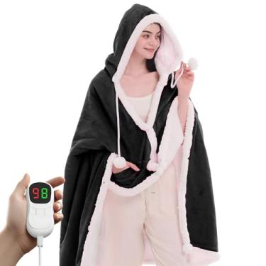 Imagem de PLOATH Xale de cobertor elétrico aquecido: Poncho de arremesso - moletom com capuz vestível sherpa com 10 níveis de aquecimento e várias configurações de tempo (101 x 180 cm preto)