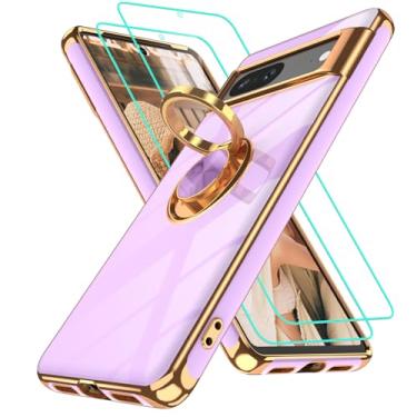 Imagem de Gritup Capa para Google Pixel 7 | 2 peças protetoras de tela | Suporte magnético de rotação de 360° | Revestimento dourado macio TPU protetor básico para celular Pixel 7 roxo claro