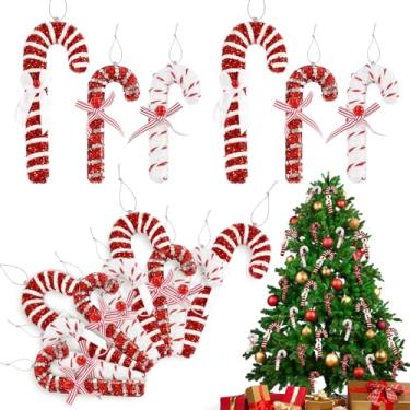 Imagem de Whaline 6 peças de enfeite de Natal para pendurar bengala doce vermelha e branca com nó de laço para decoração de festa em ambientes internos e externos