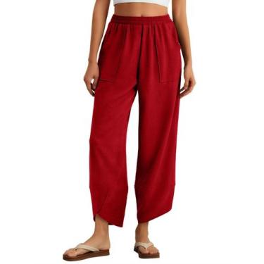 Imagem de Calças largas Feiersi Baggy Elastic Waist Palazzo Wine Red