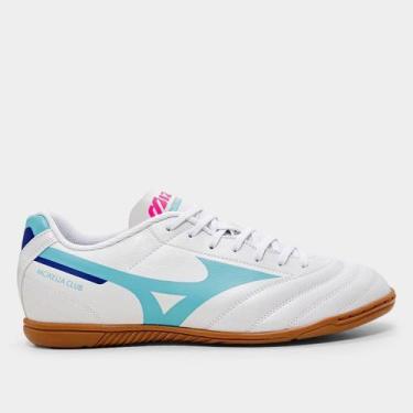 Imagem de Chuteira Futsal Mizuno Morelia Club Unissex, Branco, Azul claro, 40