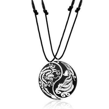 Imagem de SIPURIS Colar de casal dragão e fênix Yin Yang pingente de fofoca retrô besta amuleto joia para homens e mulheres, 1.29*1.86in, Aço inoxidável, Sem Pedra Preciosa