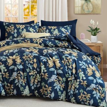 Imagem de Conjunto de cama casal com estampa floral, azul marinho, 7 peças, conjunto de edredom botânico com fronhas, microfibra macia para todas as estações