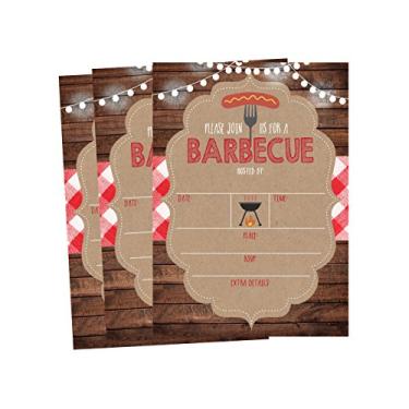 Imagem de 50 convites de festa de churrasco de verão de madeira para crianças, adolescentes e adultos, cartões de inauguração de casa I Do Churrasco Beach, aniversário de verão vermelho e branco, reunião de família de piscina, convites de piquenique
