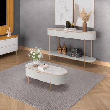 Imagem de Conjunto Aparador Decorativo Amanda 1 Gaveta e Mesa de Centro Bento 1 Gaveta Pés Metálicos Dourados Fendi/Quartzo G18 - Gran Belo