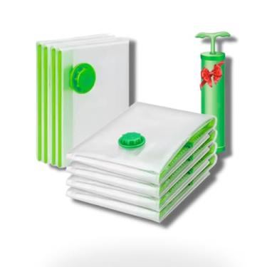 Imagem de Kit 5 Sacos à Vácuo 50x60 cm com Bomba Manual, Premium, Resistente, Reutilizável para Organização de Roupas e Viagens