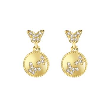 Imagem de Efadhion S925 brincos de borboleta de zircônia de zircônia com microconjunto banhado a prata 14K, Medium, Ouro amarelo, Zircônia cúbica