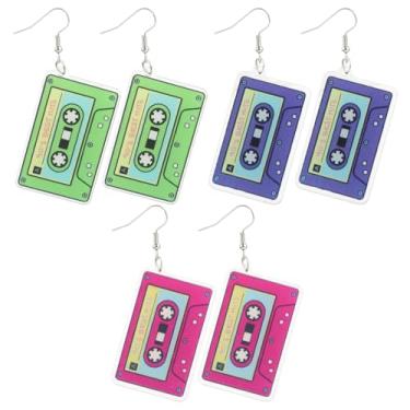 Imagem de 3 pares de brincos de neon anos 80 anos 90 para mulheres, brincos de fita cassete, brincos de acrílico retrô, brincos pendentes de acrílico para roupa dos anos 80, 90, acessórios de festa de