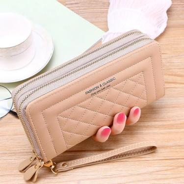 Imagem de Carteira feminina elegante longa clutch com zíper duplo porta-cartões de grande capacidade para uso diário, Caqui