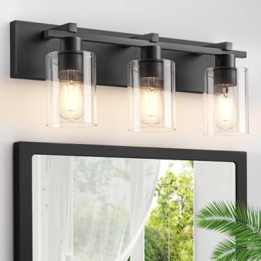 Imagem de Espird Luminária para banheiro, luminária preta fosca de 3 luzes com persiana de vidro transparente espessa, arandela de parede moderna de 61 cm, luz de banheiro de fazenda sobre espelho para banheiro