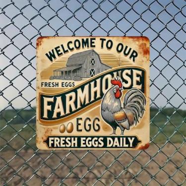 Imagem de Arte de parede de placa de metal vintage com ovos de galo - 20 x 20 cm decoração de parede retrô para presente de casa, bar, garagem e escritório fazenda