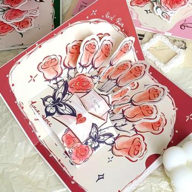 Imagem de Cartões de felicitações rosa vermelha pop-up 3D cartão postal flor com envelope e adesivo para namorada, namorado, amigo, esposa, marido presente festival dia dos namorados