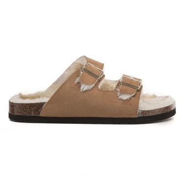 Imagem de VIVASHOES Sandálias femininas de camurça sintética com alça dupla e fivela grande – Alça dupla confortável sem cadarço com fivelas ajustáveis e palmilha de cortiça – Sandálias macias para conforto