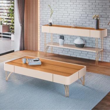 Imagem de Conjunto Decorativo Aparador E Mesa De Centro Rennes Mdp-mdf Pés De Aço Off White-cinamomo G26