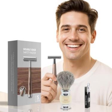Imagem de Kit Barbearia Completo com Navalha de Segurança, Pincel de Texugo Bege, 5 Lâminas de Aço Inoxidável, Cabo de Liga de Zinco para Barbear Profissional