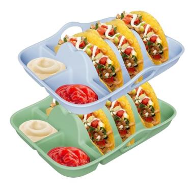 Imagem de Conjunto de 2 pratos de suporte de taco de silicone com divisórias e bandejas de mergulho, suportes antiderrapantes de 25 cm com alças de transporte para tacos duros e macios, bandeja de servir para