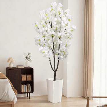 Imagem de Flor de cerejeira branca sintética, planta artificial de 183 cm para decoração de interiores, árvore em vaso natural com flores de textura e tronco de madeira realista para casa, sala de estar