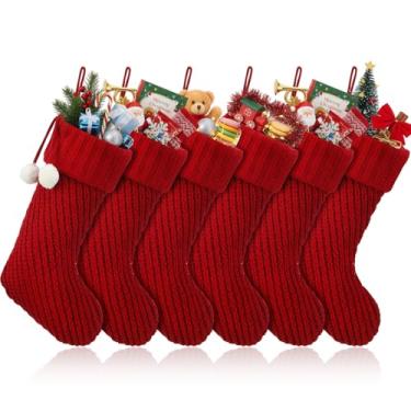 Imagem de Vinsot 6 meias de Natal grandes de 48 cm, meias de Natal tricotadas com pompom para pendurar na árvore de Natal, presentes para decoração de festa de férias em família (vermelho)
