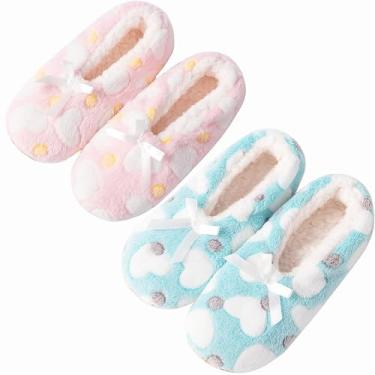 Imagem de HUGSWEET Pantufa para mulheres e homens, grossas, quentes, felpudas, com aderência, para uso interno, com forro de ovelha, sola macia antiderrapante com caixa de presente, Coração rosa e verde, 9-10