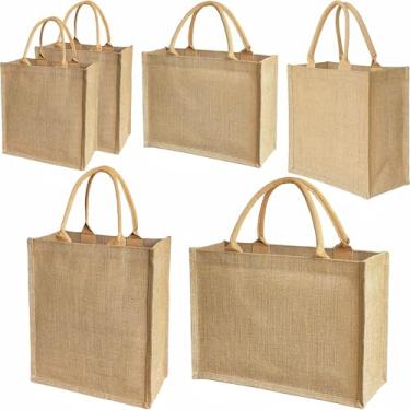 Imagem de GOQAGA 6 peças sacolas de estopa reutilizáveis DIY bolsas de juta sacola de compras de presente conjunto de vários tamanhos (P, M, G, GG, 2GG)