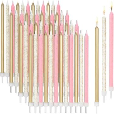Imagem de Velas metálicas de glitter longas finas para bolo de aniversário em suportes (pacote com 12,7 cm, 48)