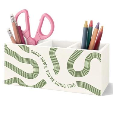 Imagem de VIIJJUE Porta-lápis de caneta decorativa verde sálvia, Slow Down You're Doing, presentes de afirmação positiva motivacional motivacional, organizador de madeira para mesa de escritório em casa