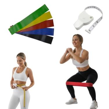 Imagem de Kit 5 Faixas Elásticas + Fita Metrica Corporal Mini Band Resistência Progressiva para Exercícios Pilates Yoga Alongamento e Treino em Casa Borracha Natural e Portátil