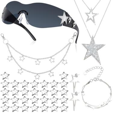 Imagem de Conjunto de acessórios Y2k incluído Star Y2k colar de prata grunge colar em camadas Y2K óculos de sol estrela grampo de cabelo prata Y2k clipes de cabelo chaveiro calças hip hop corrente conjunto de