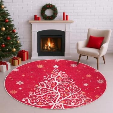 Imagem de Acetiamin Tapete redondo de Natal lavável à máquina, antiderrapante, vintage, floral, para crianças, tapete de quarto de pilha baixa para sala de estar, quarto, sala de jantar e berçário (árvore de