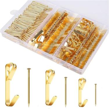Imagem de Kit de 184 peças para pendurar fotos, 9 kg, 13,6 kg e 22,7 kg, ganchos para pendurar quadros de metal com pregos, em drywall, parede de madeira (ouro)