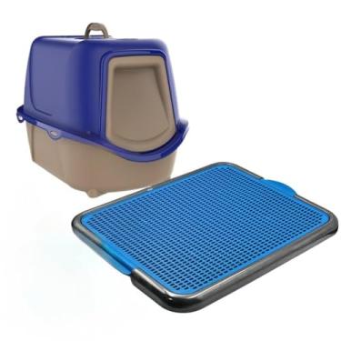 Imagem de Kit Caixa De Areia Fechada Para Gatos Grande Com Tapete Coletor Pa E Filtro Anti Odor(AZUL - NEW + TAPETE)