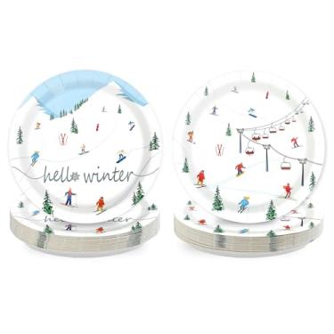 Imagem de 50 peças de pratos de papel de esqui de inverno 23 cm, pratos de jantar de esqui de inverno, descartáveis, resistentes, árvores de Natal, esportes de neve, suprimentos de festa para esquiadores