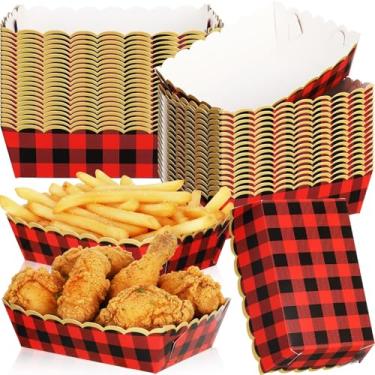 Imagem de Dunzoom Pacote com 50 bandejas de comida de papel xadrez búfalo pratos descartáveis vermelhos e pretos bandejas de comida barcos para lanches, cachorro-quente, carnaval, nupcial, chá de bebê