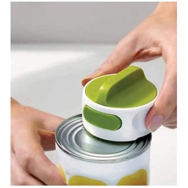 Imagem de Abridor de latas rotativo de fácil aderência, abridor de garrafas manual com operação simples de botão para cozinha, ABS resistente e estrutura de aço inoxidável