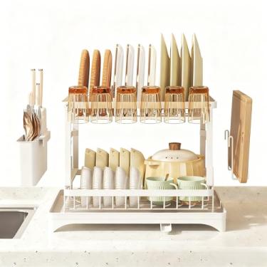 Imagem de Escorredor de Louça 2 Andares Preto e Branco com Bandeja Coletora Grande, Organizador de Pia Duplo para Pratos, Copos e Talheres, Aço Antiferrugem, Capacidade Ampliada(Branco)