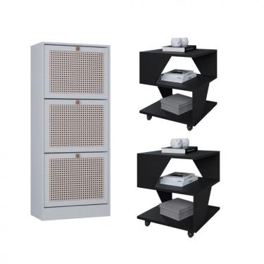 Imagem de Kit Sapateira Spin Tropical 3 Portas E 2 Mesas De Cabeceira Preto-branco